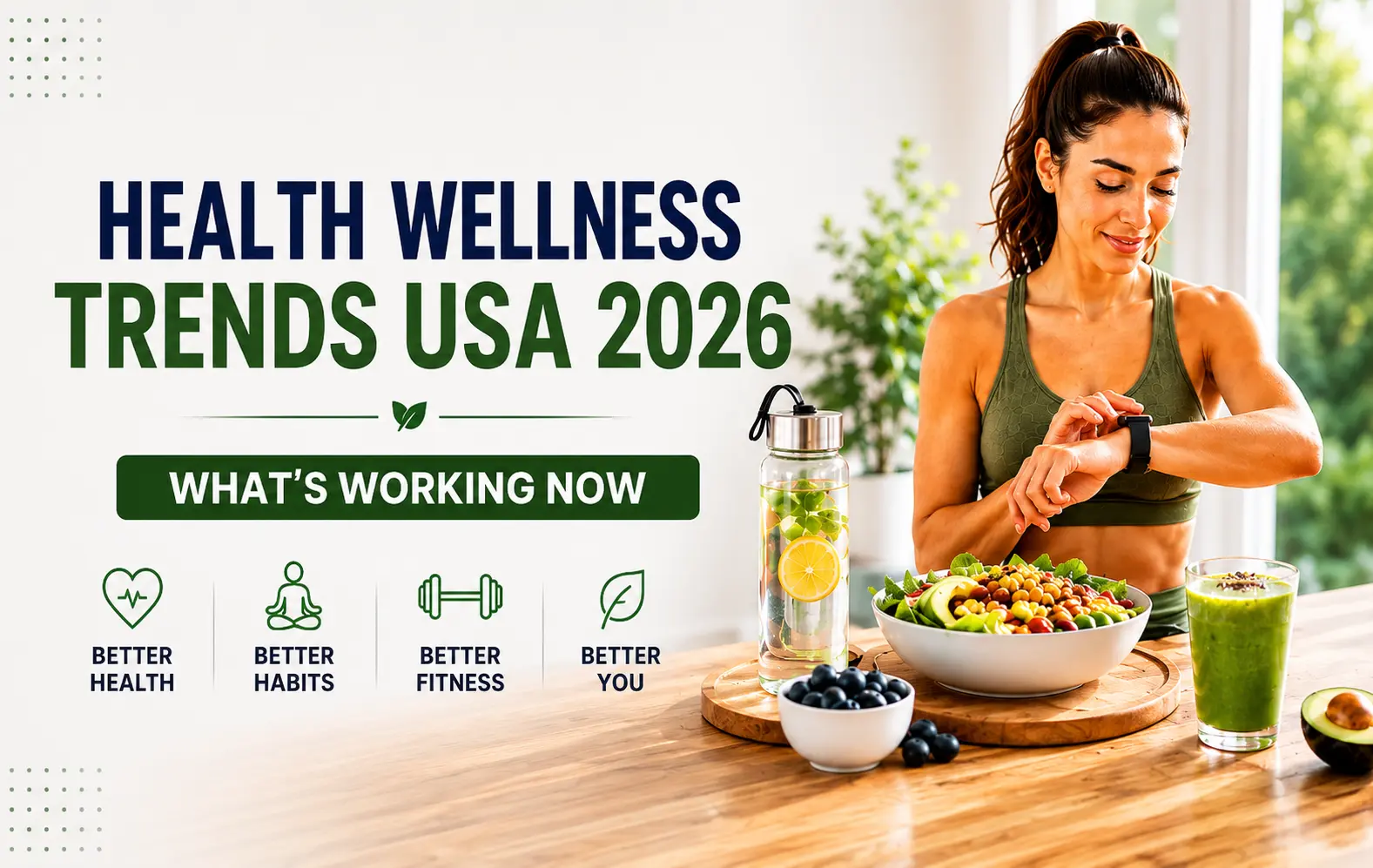 Health Wellness Trends USA 2026 featuring personalized nutrition, wearable health technology, mental wellness, sustainable weight loss, and functional fitness strategies for a healthier lifestyle.