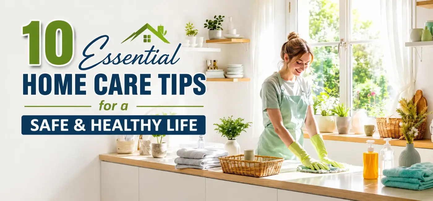 Woman cleaning a bright modern kitchen using eco-friendly cleaning products, demonstrating essential home care practices for a safe, healthy, and hygienic living environment.