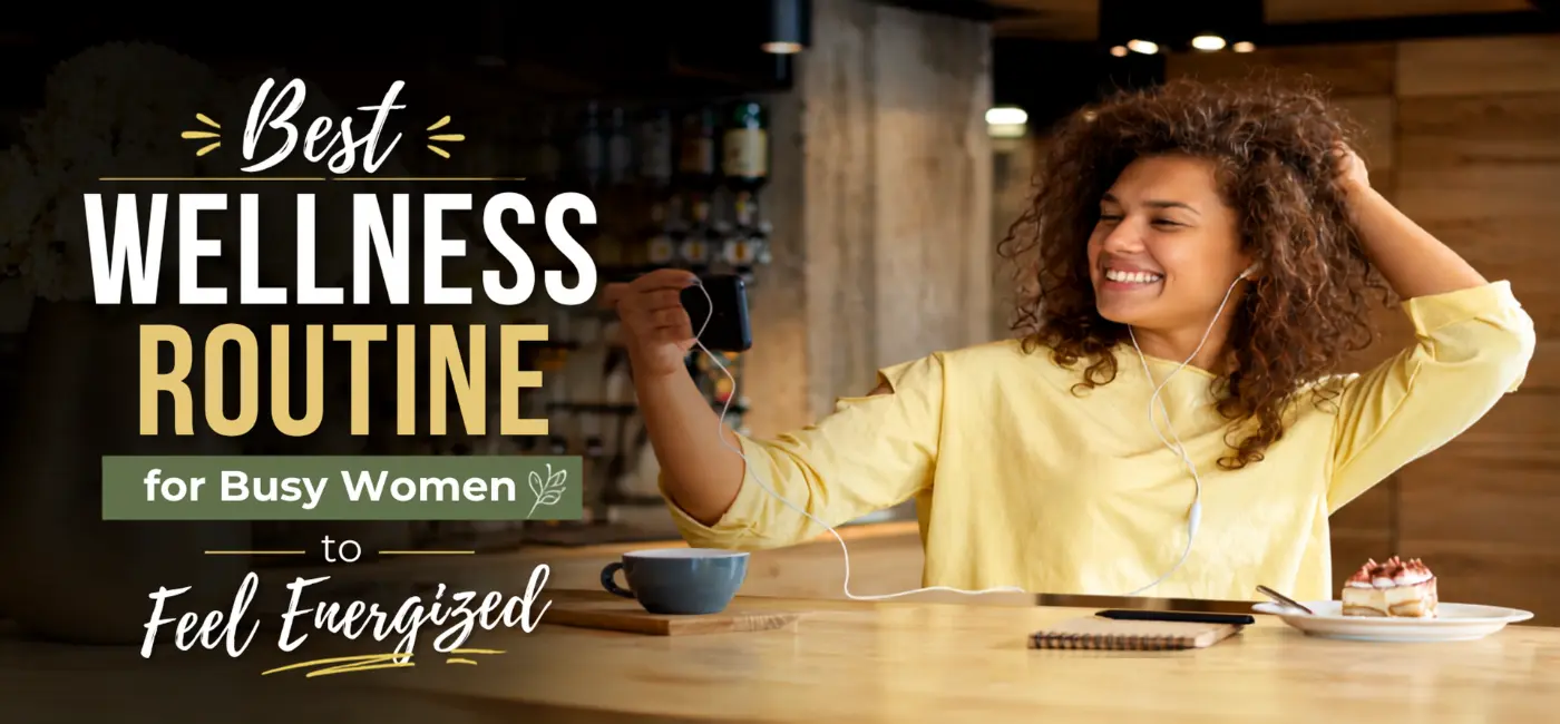 Busy woman enjoying a simple wellness routine in a cozy cafe to feel energized and relaxed