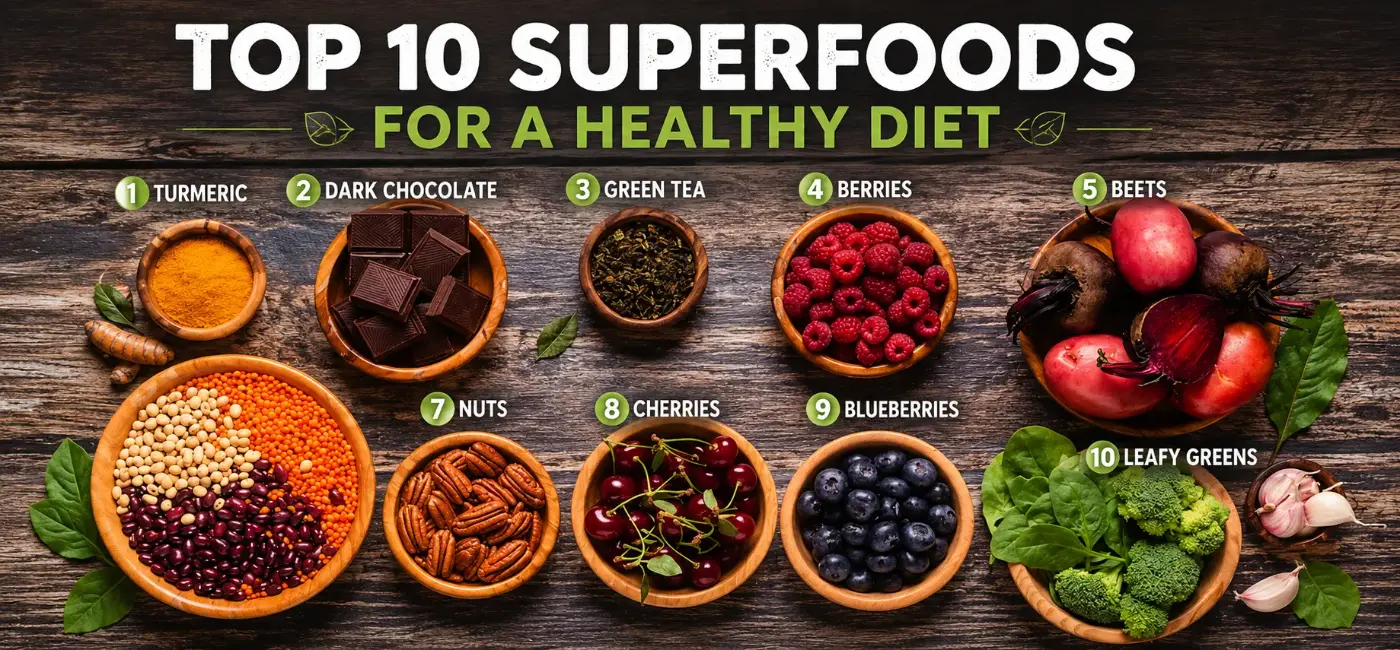 Top 10 superfoods for a healthy diet including berries, leafy greens, nuts, and seeds on a wooden table