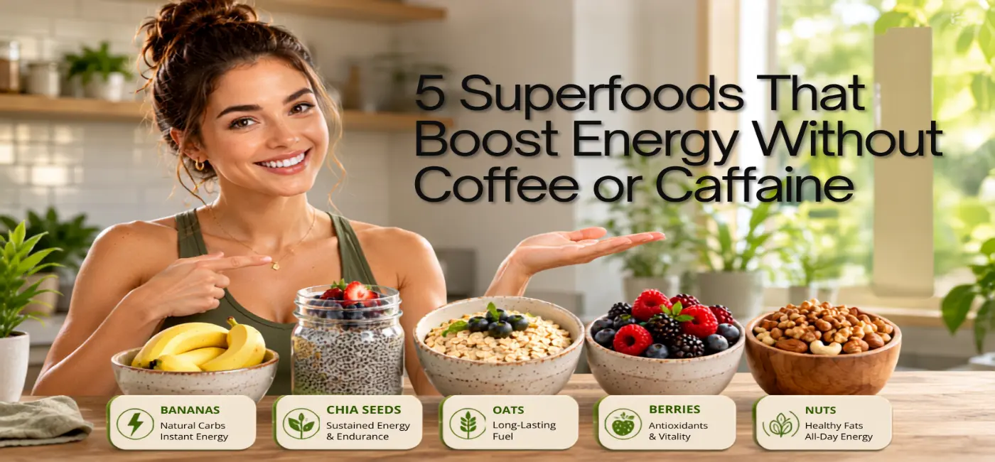 5 superfoods that boost energy naturally without coffee or caffeine, including nutrient-rich foods for lasting daily energy.
