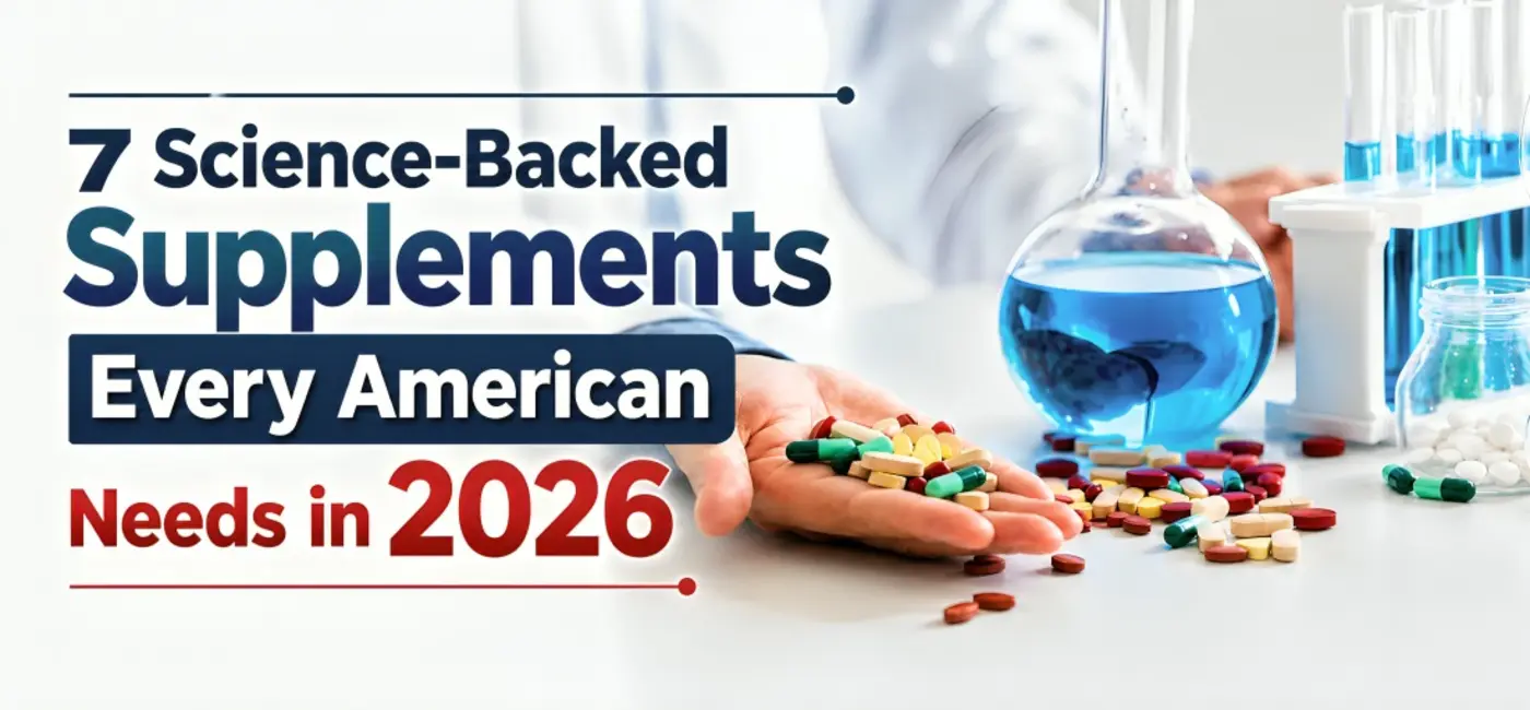 Scientifically researched daily supplements including Vitamin D3, Omega-3, Magnesium, Probiotics, Vitamin B12, Zinc, and Multivitamins displayed in a modern laboratory, highlighting evidence-based nutrition for better health in 2026