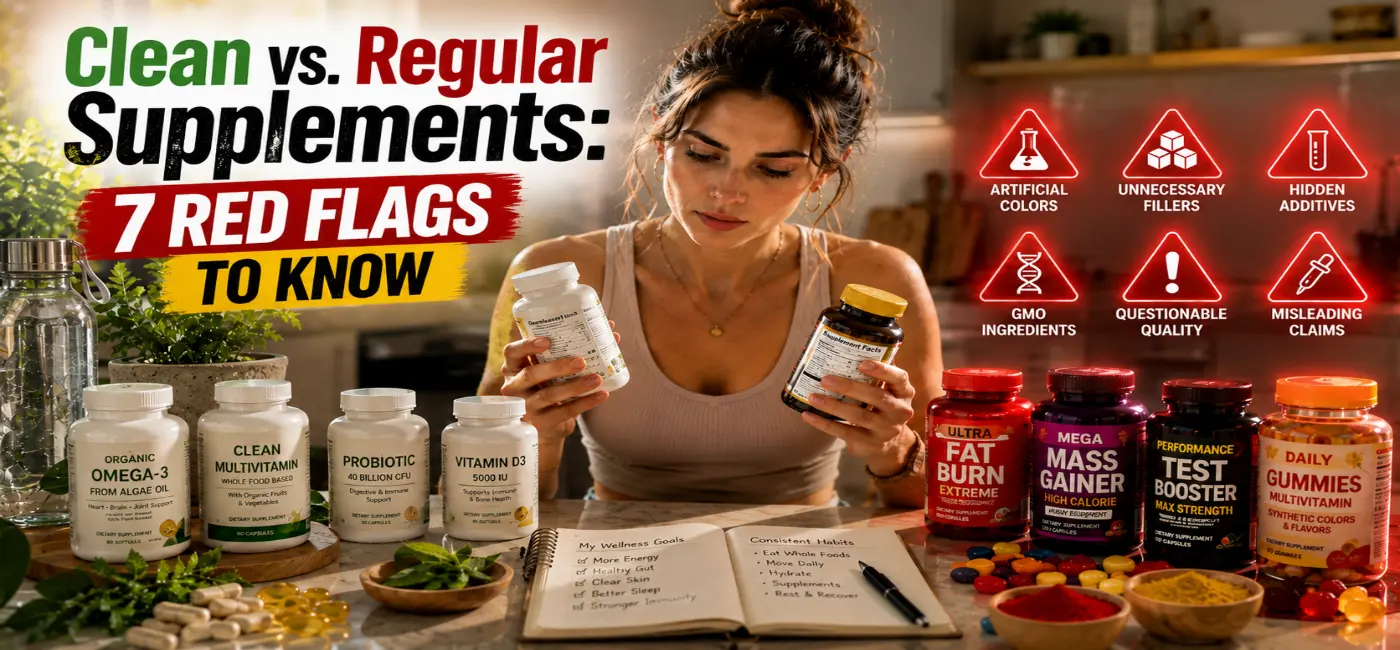 Clean vs. Regular Supplements: 7 red flags to know before buying. Learn to spot harmful ingredients, hidden additives, and misleading supplement labels.