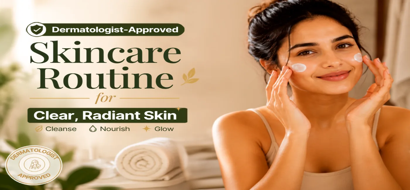 Dermatologist-approved skincare routine for clear, radiant skin featuring a woman applying moisturizer in a bright spa-inspired bathroom with premium skincare products for healthy, glowing skin.