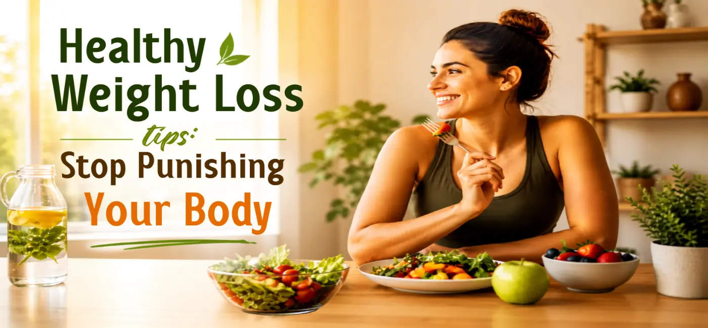 A happy woman enjoying a vibrant, healthy meal and a balanced lifestyle, representing weight loss tips that prioritize nourishment over punishment – Vigrovia Health.