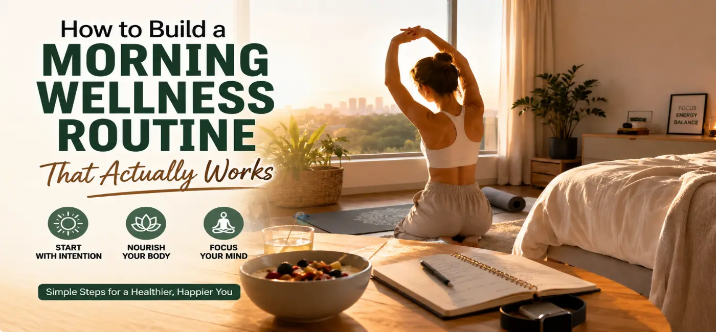 How to Build a Morning Wellness Routine That Actually Works – A woman stretching during a peaceful sunrise morning wellness routine with healthy breakfast, lemon water, yoga mat, and journal in a cozy bedroom, promoting healthy habits, mindfulness, fitness, and daily self-care.