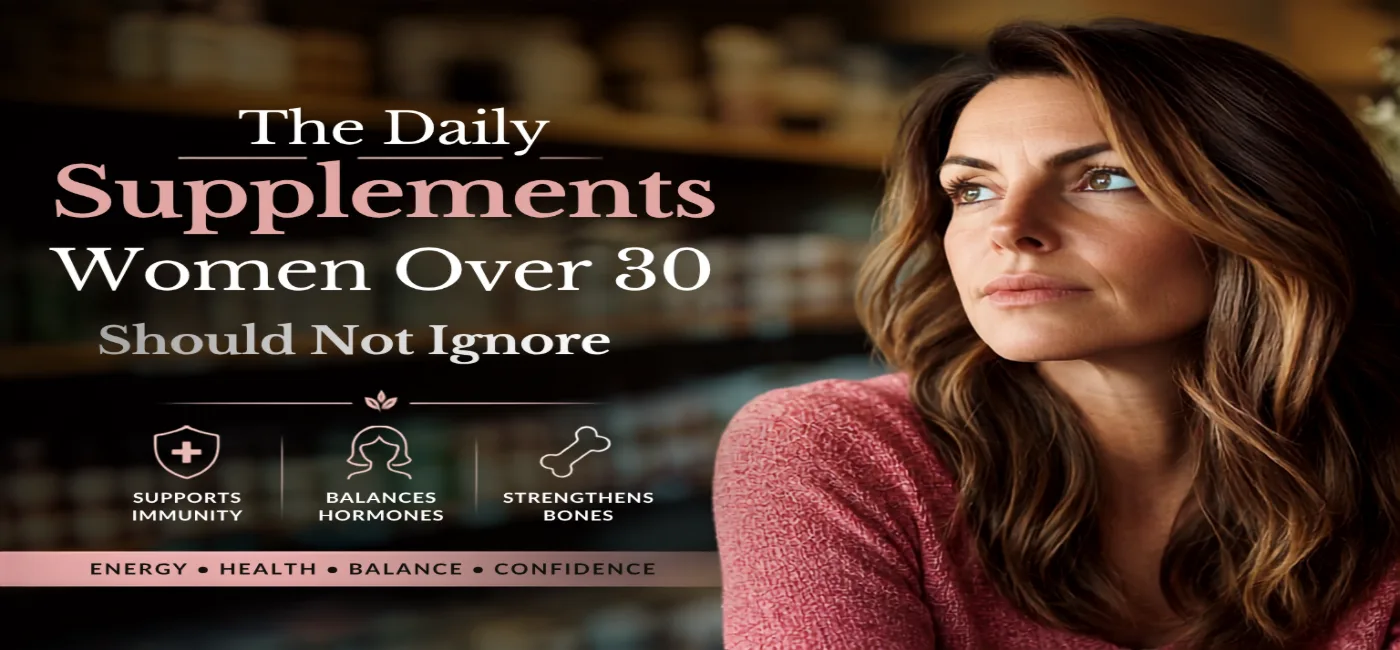 Daily supplements for women over 30 - Vitamin D, Omega-3, Iron, Magnesium, Folate, and Calcium pills on a white background