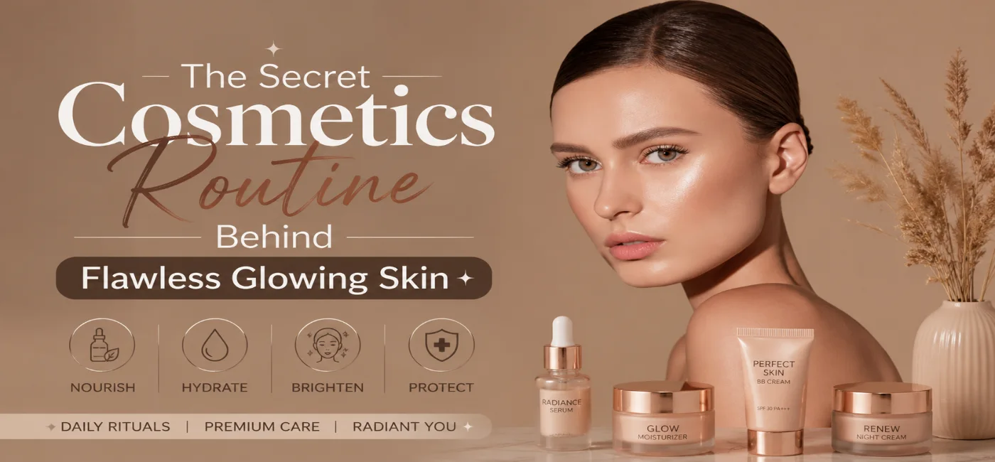 The Secret Cosmetics Routine Behind Flawless Glowing Skin featuring a beauty model with radiant skin and premium skincare products, showcasing expert beauty secrets for a healthy, youthful glow.