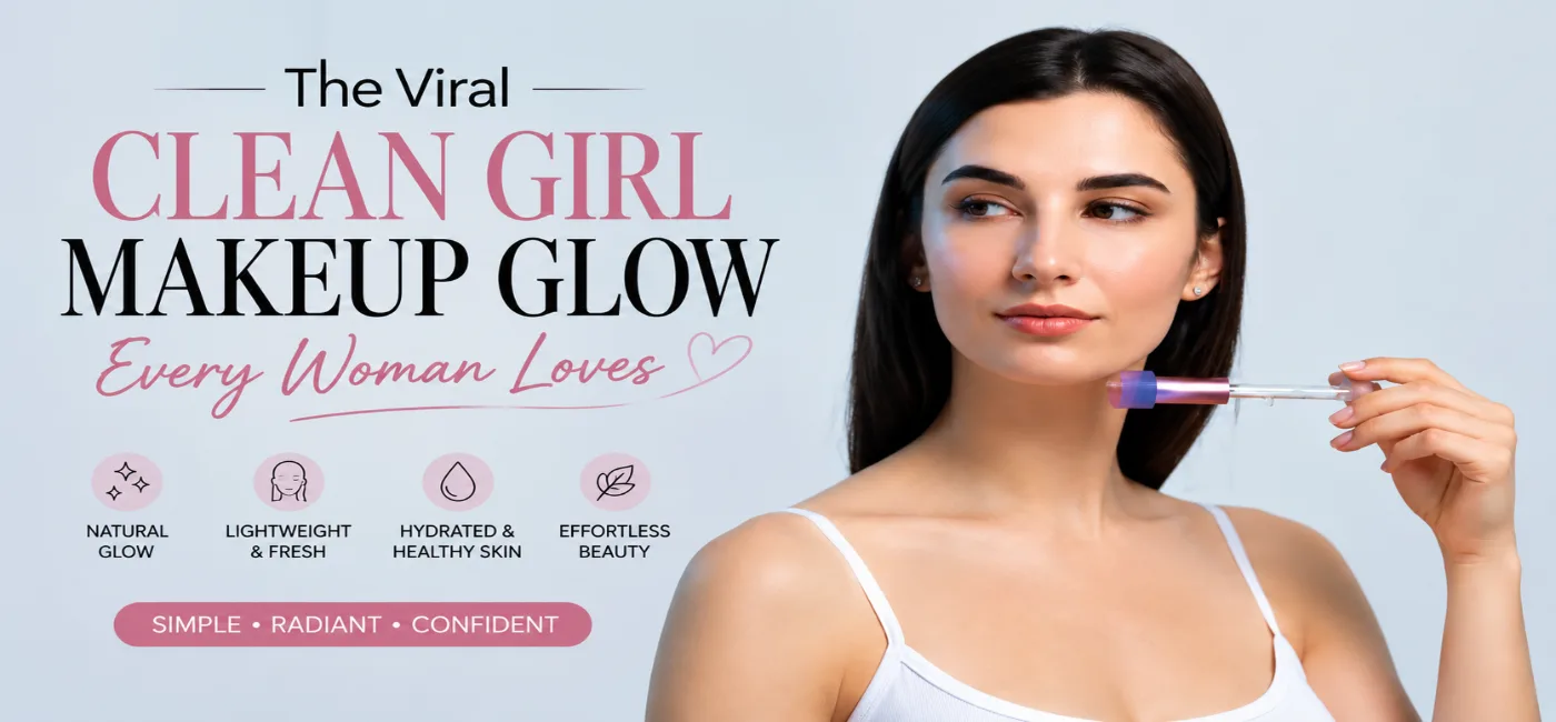 The Viral Clean Girl Makeup Glow Every Woman Loves – A woman with naturally glowing skin applying lightweight skincare for the viral clean girl makeup look, showcasing fresh, dewy skin, minimal makeup, and effortless natural beauty.