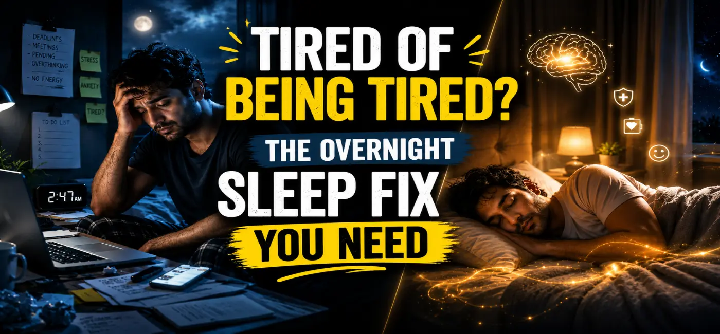 Exhausted man awake at night contrasted with peaceful sleep, highlighting the best overnight sleep fix for better rest, brain health, and morning energy.