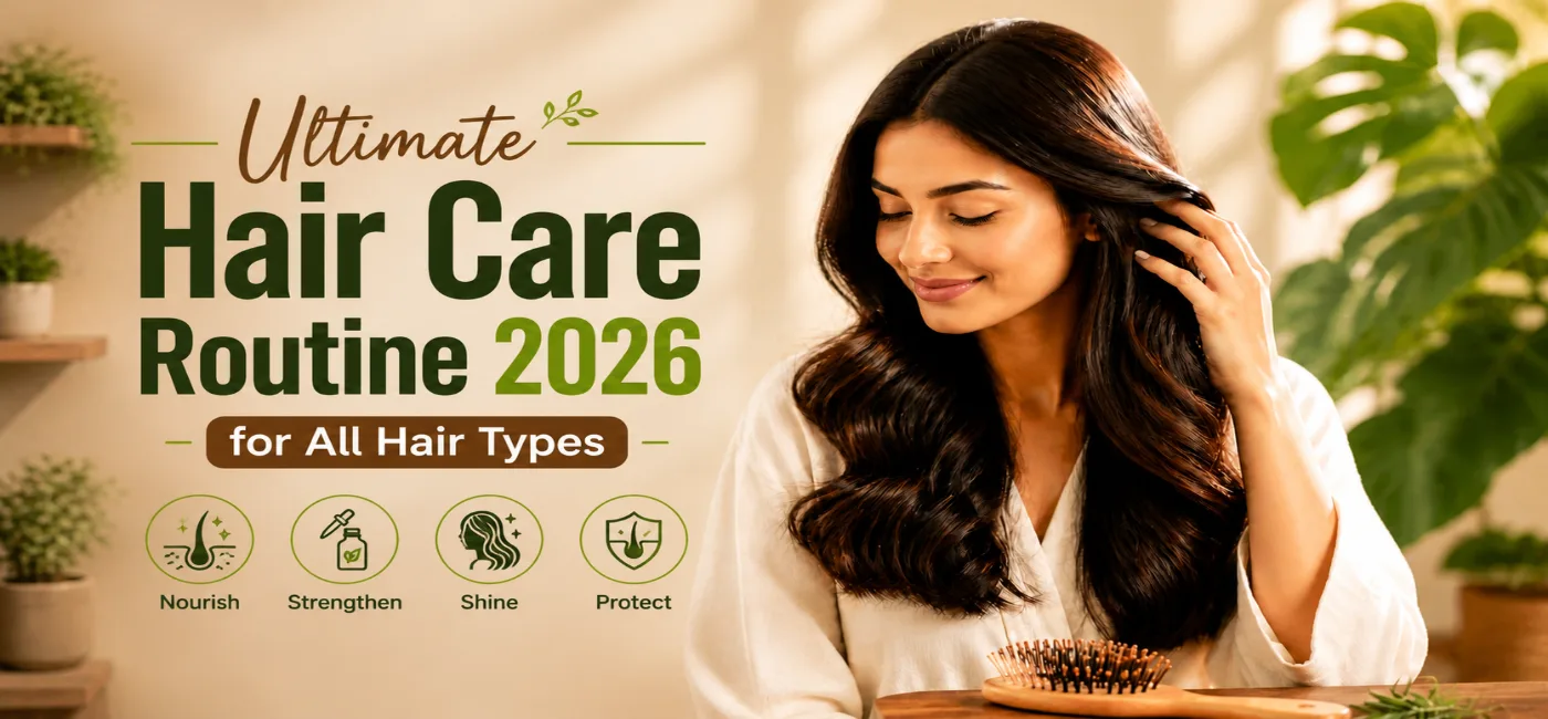 Ultimate Hair Care Routine 2026 for all hair types featuring a woman with healthy, shiny hair, showcasing expert hair care tips, nourishment, hydration, scalp care, and damage prevention for stronger, healthier hair.