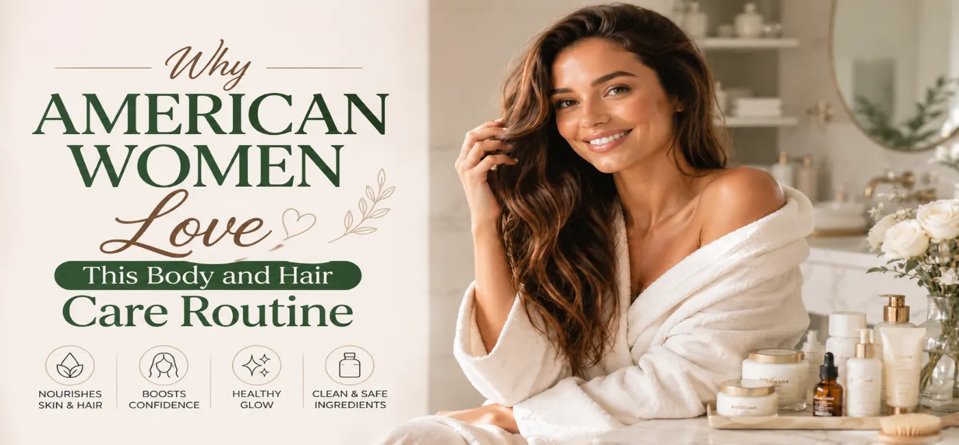 Why American Women Love This Body and Hair Care Routine – A smiling woman with healthy, shiny hair and glowing skin in a modern bathroom, surrounded by premium body and hair care products, showcasing a natural beauty routine for radiant skin and stronger hair.