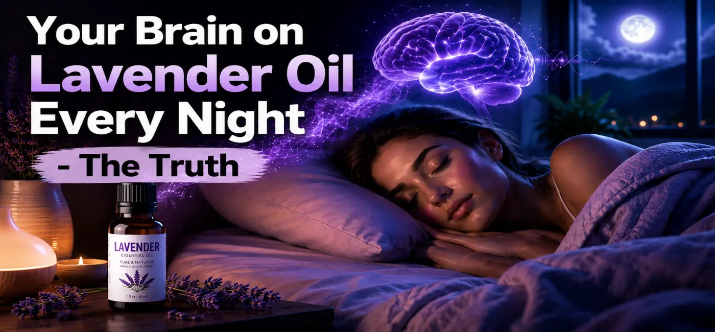 Woman sleeping peacefully with lavender essential oil beside the bed, illustrating how lavender oil may support brain relaxation, stress relief, and better sleep.