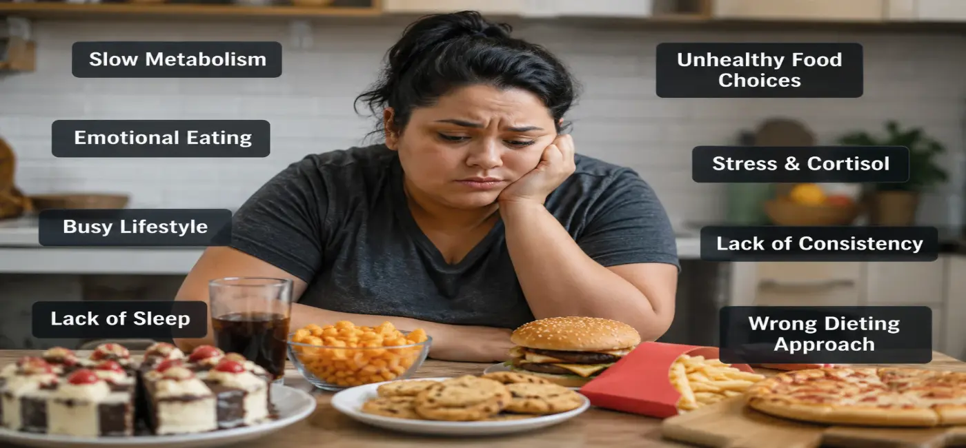 Frustrated person on scale struggling with weight loss showing common dieting challenges metabolism issues and failed diet attempts journey