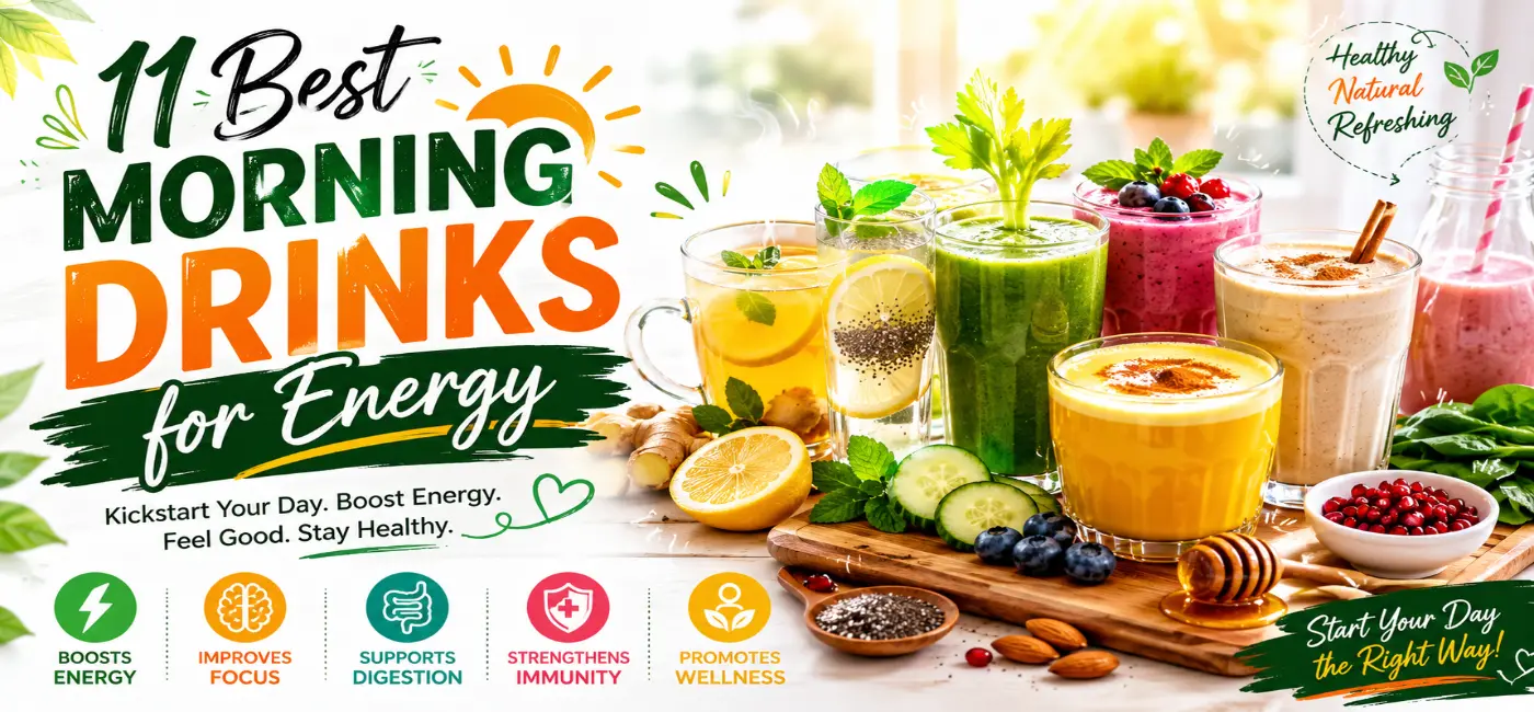 A refreshing glass of morning energy drink surrounded by fresh ingredients like lemon, mint, and ginger on a bright kitchen counter.