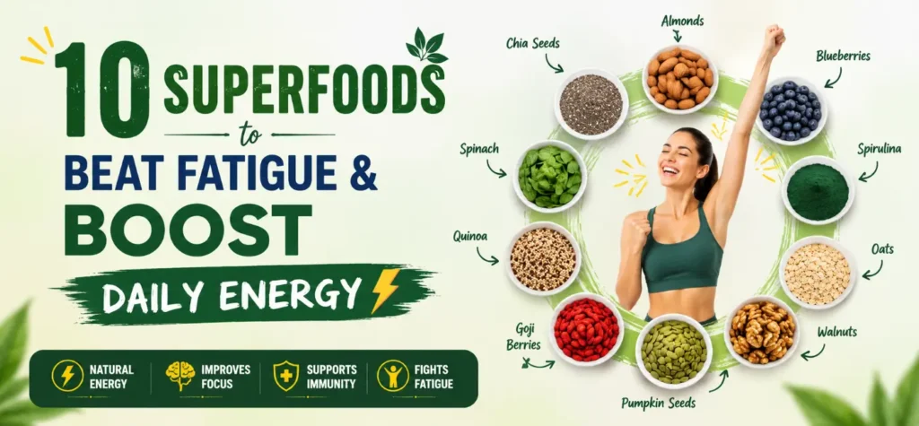 Vibrant flat lay of 10 energy-boosting superfoods like chia seeds, berries, and spinach to beat fatigue naturally.
