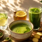 Assortment of the best morning drinks for instant energy and health, including green smoothie, lemon detox water, and fresh citrus juice on a bright table