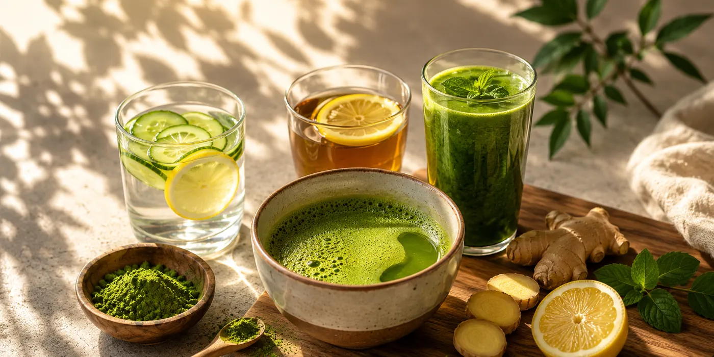 Assortment of the best morning drinks for instant energy and health, including green smoothie, lemon detox water, and fresh citrus juice on a bright table