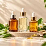 Three glass dropper bottles of hydrating face serum with green leaves, the best serum for dry skin