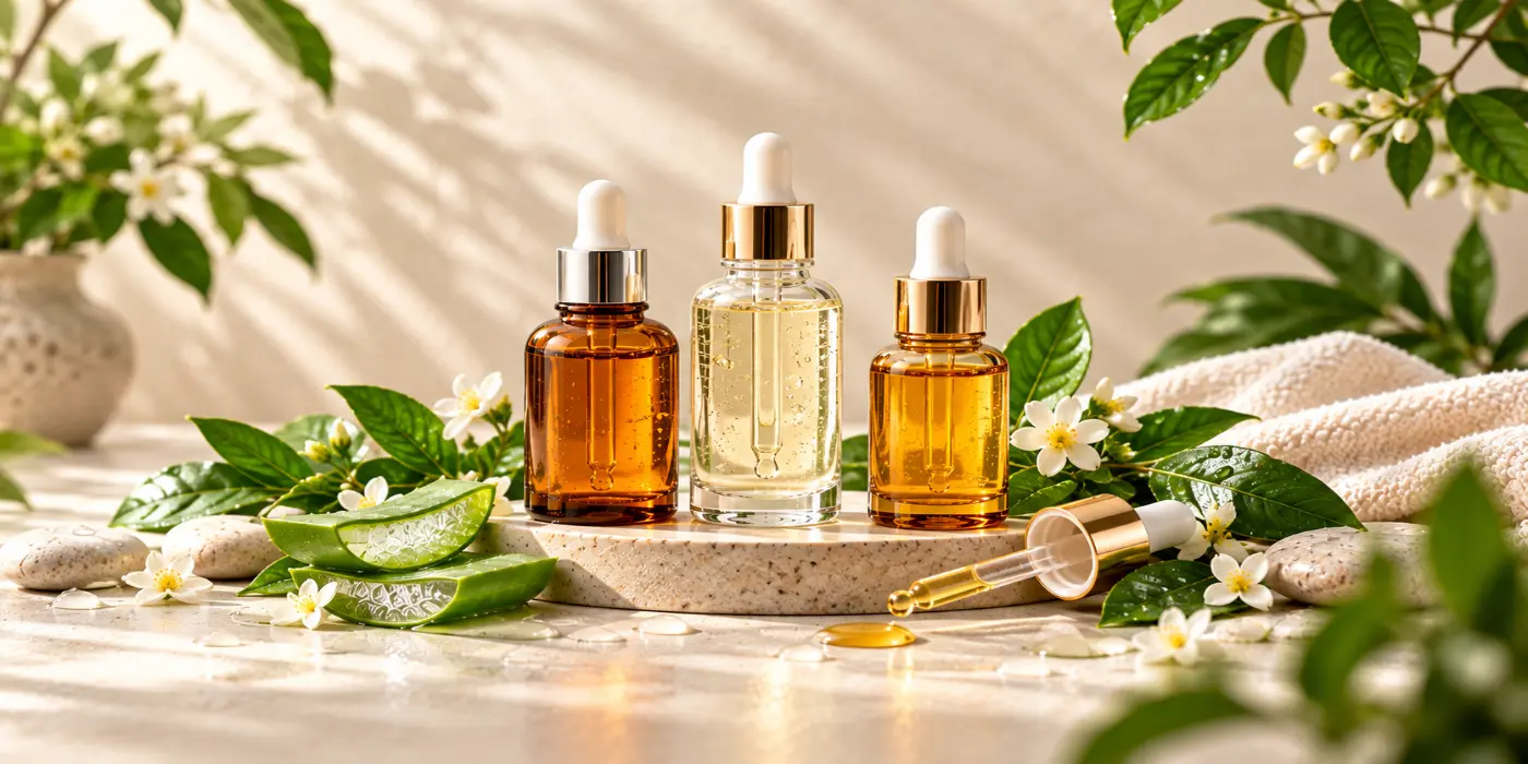 Three glass dropper bottles of hydrating face serum with green leaves, the best serum for dry skin