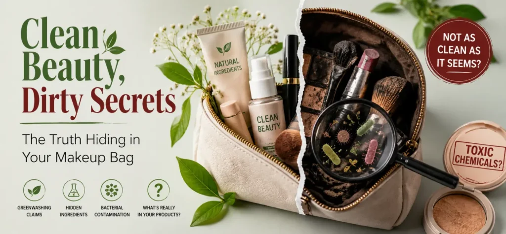 Clean beauty dirty secrets: An open makeup bag with various cosmetics showing hidden ingredients and toxic labels for skincare awareness.
