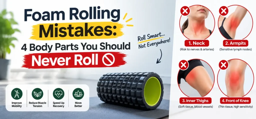 Fitness trainer showing foam rolling mistakes and pointing out the specific body parts you should never roll to avoid injury during recovery.