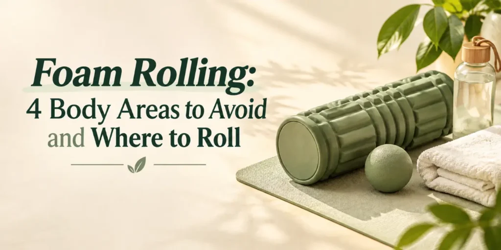 Green foam roller, massage ball, towel and water bottle on a yoga mat, showing the body areas to avoid when foam rolling
