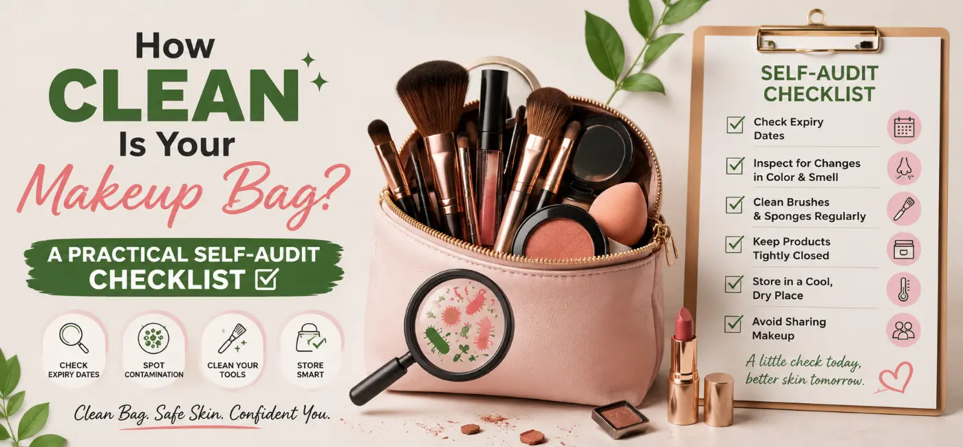 A clean makeup bag next to beauty sponges, makeup brushes, and a self-audit checklist sheet on a wooden table.