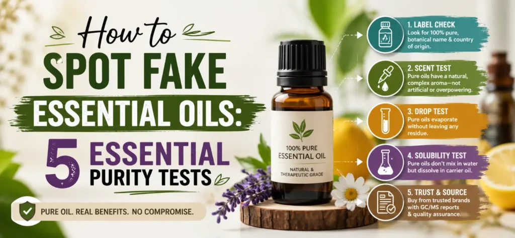 Labeled glass bottles of pure essential oils with a dropper, testing purity on white paper to spot fake vs organic oils.
