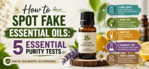 Labeled glass bottles of pure essential oils with a dropper, testing purity on white paper to spot fake vs organic oils.