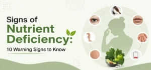 Labeled diagram showing 10 warning signs of nutrient deficiency like hair loss and brittle nails. Essential vitamins checklist.