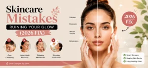 Skincare mistakes ruining your glow 2026 fix banner showing common skincare errors and healthy glowing skin transformation with expert skincare tips.