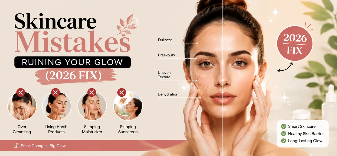 Skincare mistakes ruining your glow 2026 fix banner showing common skincare errors and healthy glowing skin transformation with expert skincare tips.