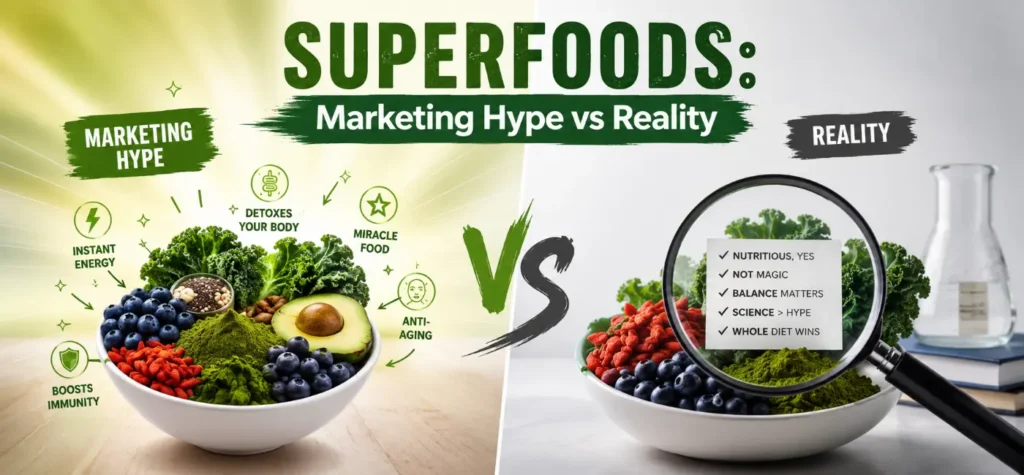 Fresh whole foods and green vegetables comparing superfoods marketing hype versus actual nutritional reality.