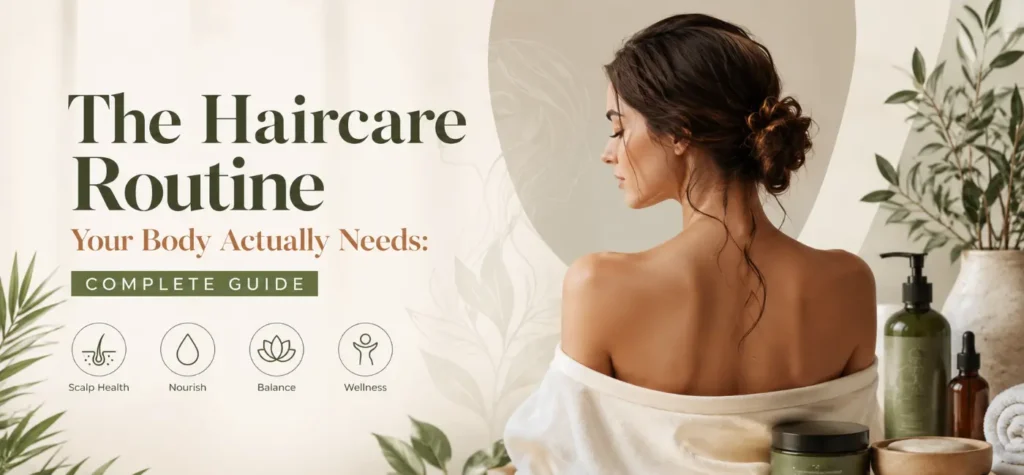The Haircare Routine Your Body Actually Needs Complete Guide featuring healthy, shiny hair with nutrition, scalp care, hydration, and daily wellness habits for stronger hair.