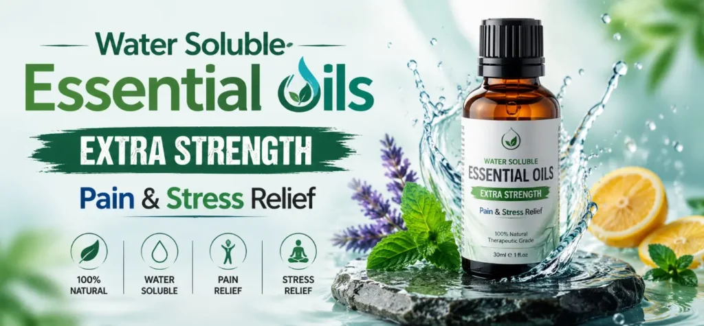 Water-soluble essential oils extra strength for pain and stress relief. Pure organic aromatherapy oil bottle for diffuser and healing.