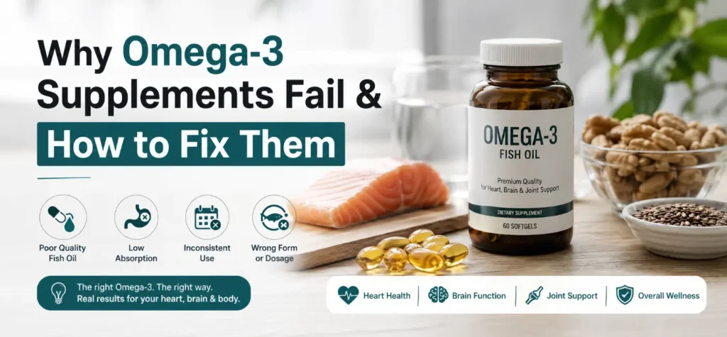 Close-up of rancid Omega-3 fish oil capsules and a bottle, illustrating why supplements fail and how to fix absorption issues.
