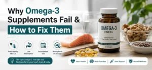 Close-up of rancid Omega-3 fish oil capsules and a bottle, illustrating why supplements fail and how to fix absorption issues.
