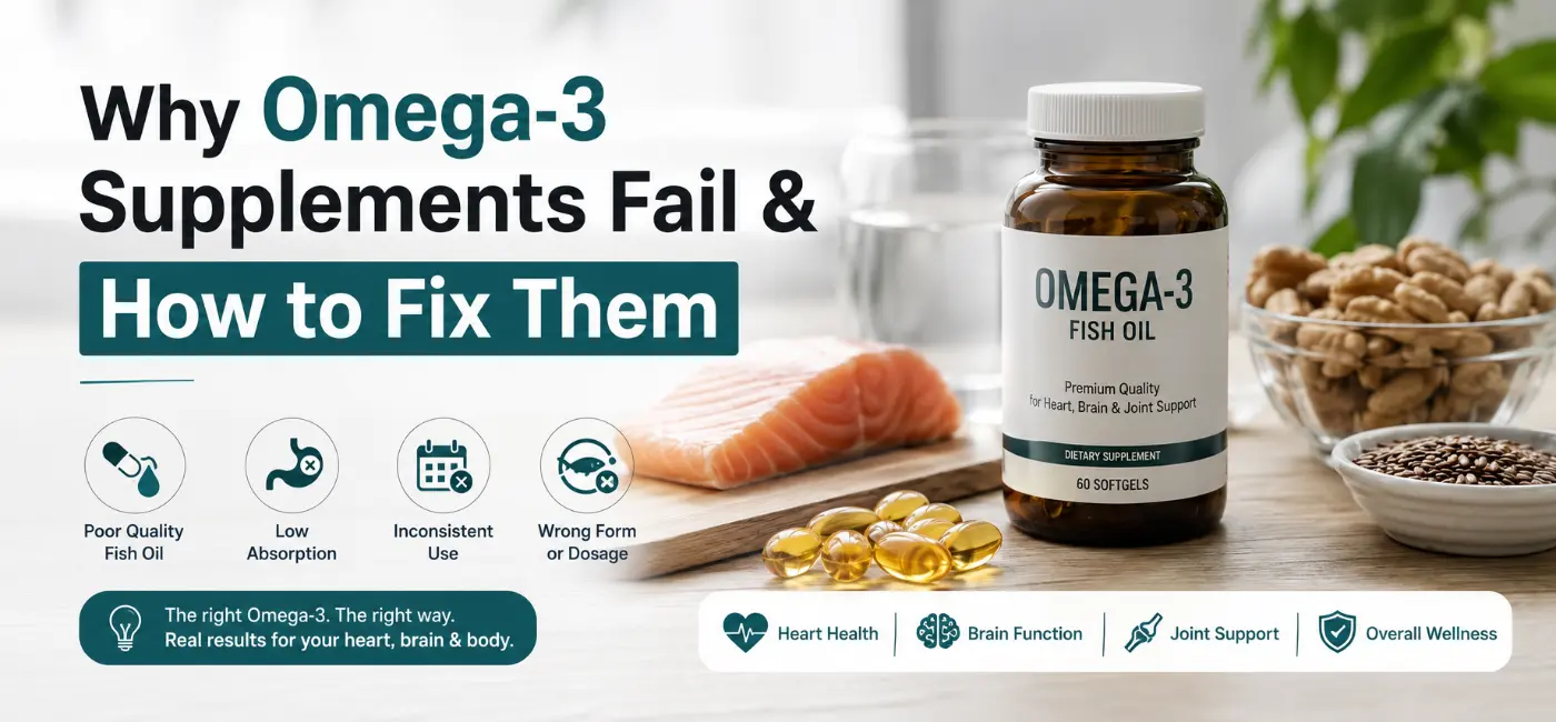 Close-up of rancid Omega-3 fish oil capsules and a bottle, illustrating why supplements fail and how to fix absorption issues.