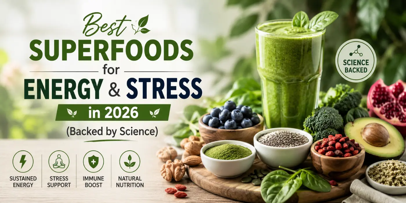 Best superfoods for energy and stress relief in 2026 including a green smoothie, berries, and nutrient-rich foods