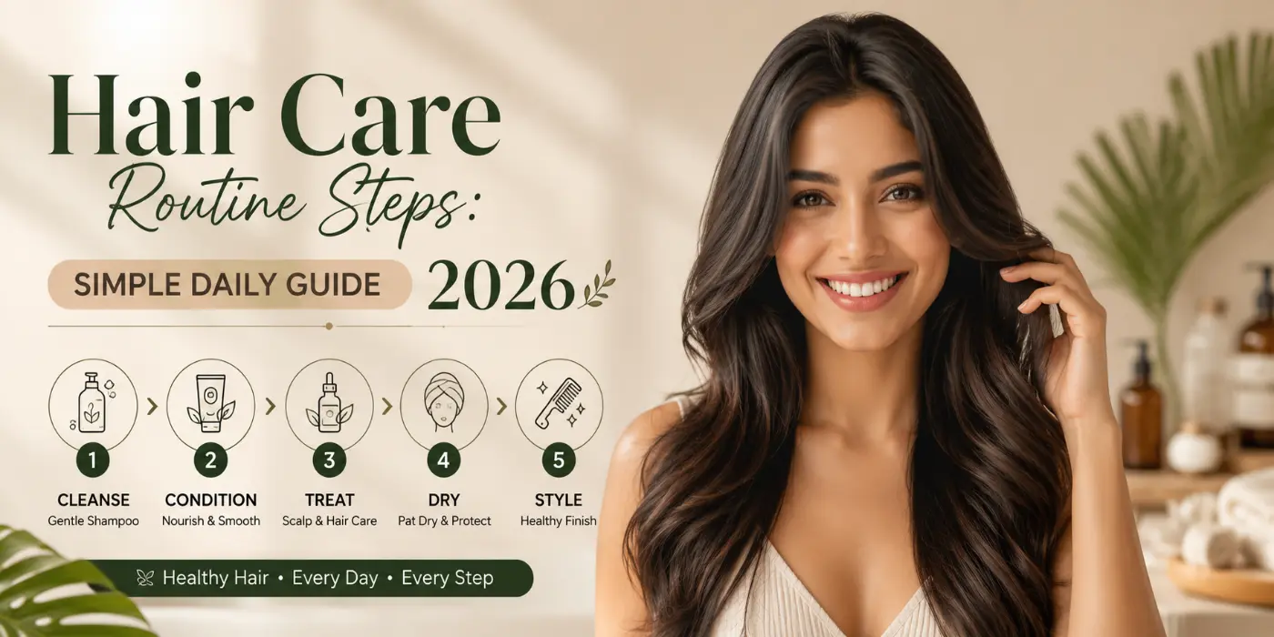 Hair care routine steps 2026 infographic showing 5 simple daily guide steps – cleanse, condition, treat, dry, and style – for healthy hair