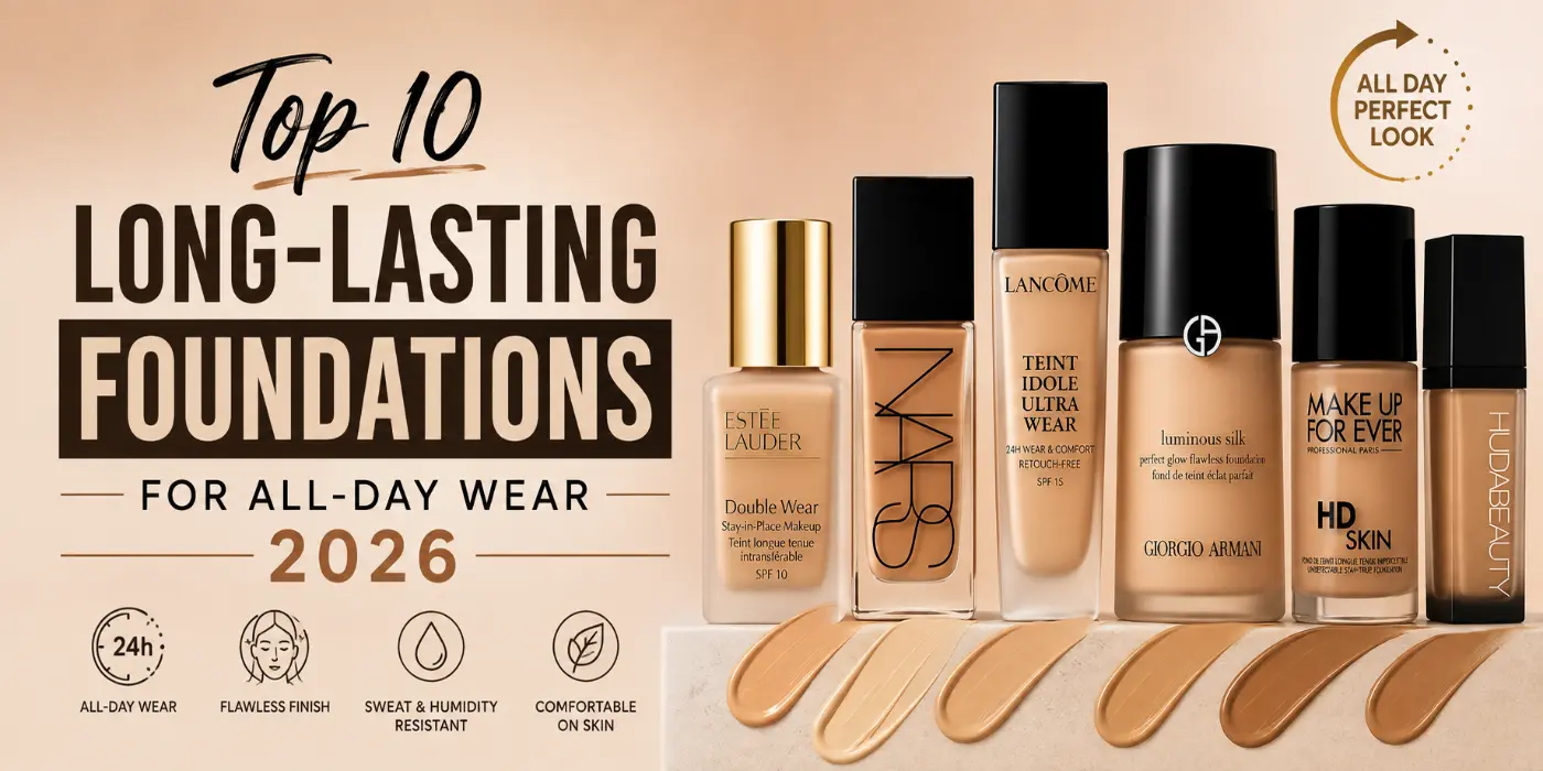Top 10 long-lasting foundations for all-day coverage in 2026 displayed with foundation bottles