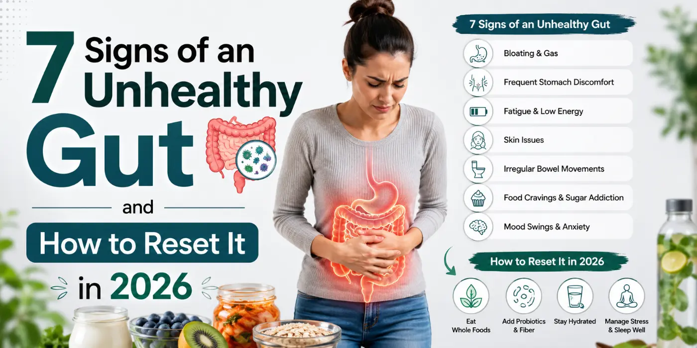 7 signs of an unhealthy gut infographic showing a woman holding her stomach with a highlighted digestive system, plus healthy foods for a 2026 gut reset