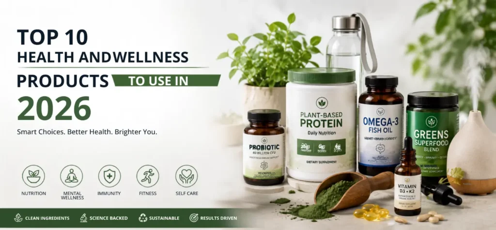 Health and wellness products to use in 2026 showing top trending supplements, smart fitness gear, and sleep aids for a healthy lifestyle.