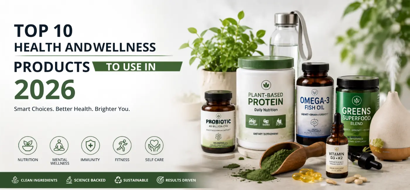 Health and wellness products to use in 2026 showing top trending supplements, smart fitness gear, and sleep aids for a healthy lifestyle.