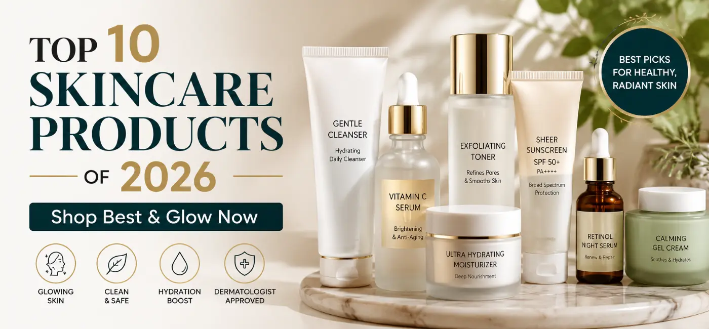 Top 10 skincare products of 2026 for a natural glowing skin routine, featuring best hydrating serums and barrier repair creams.
