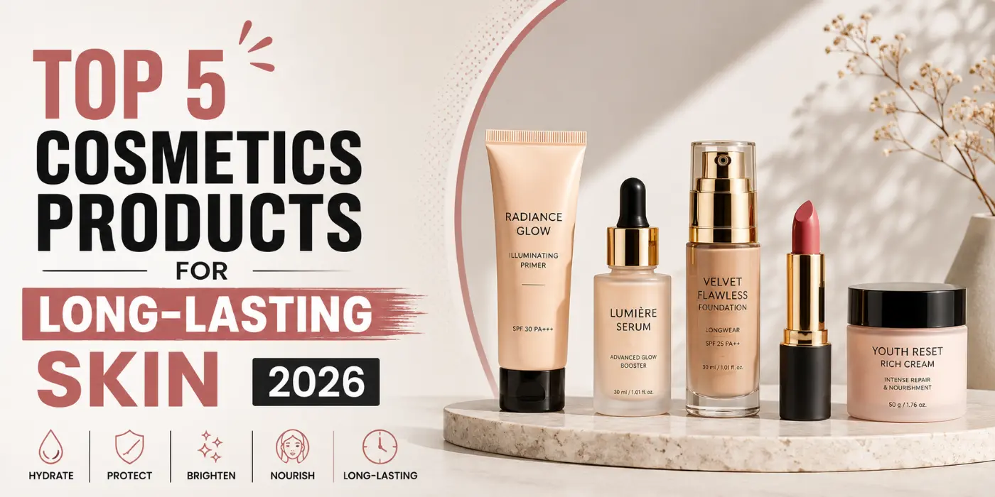 Top 5 cosmetics products for long-lasting skin in 2026 arranged with skincare bottles and serums