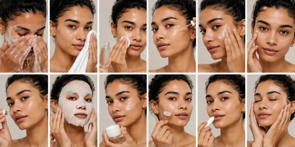 12-step skincare routine steps shown in the right order for glowing skin in 2026
