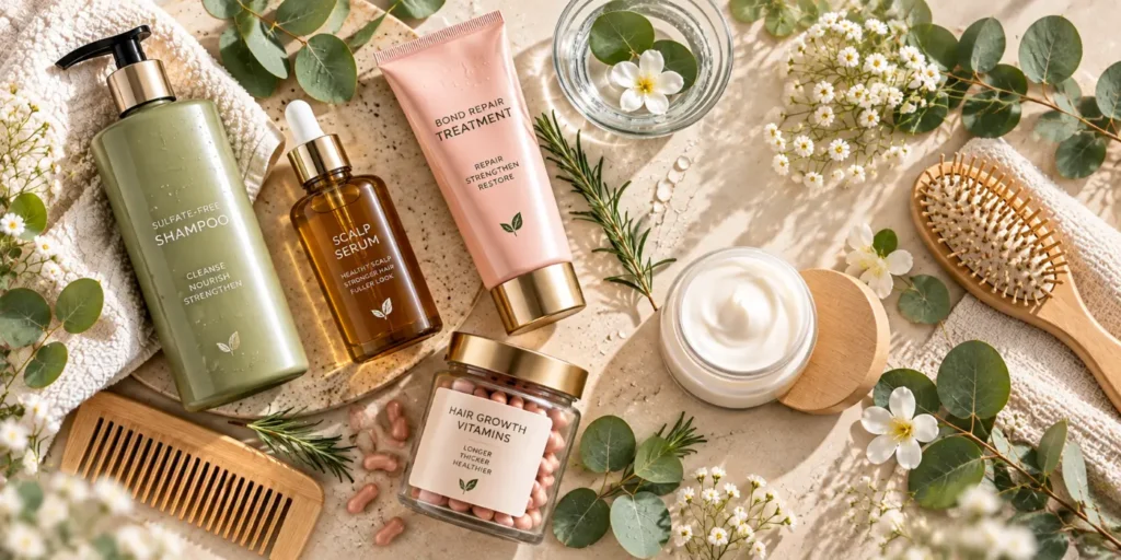 Best hair care products for 2026 arranged in a flat lay with shampoo, conditioner, hair oil, hair mask and a wooden brush among green eucalyptus leaves