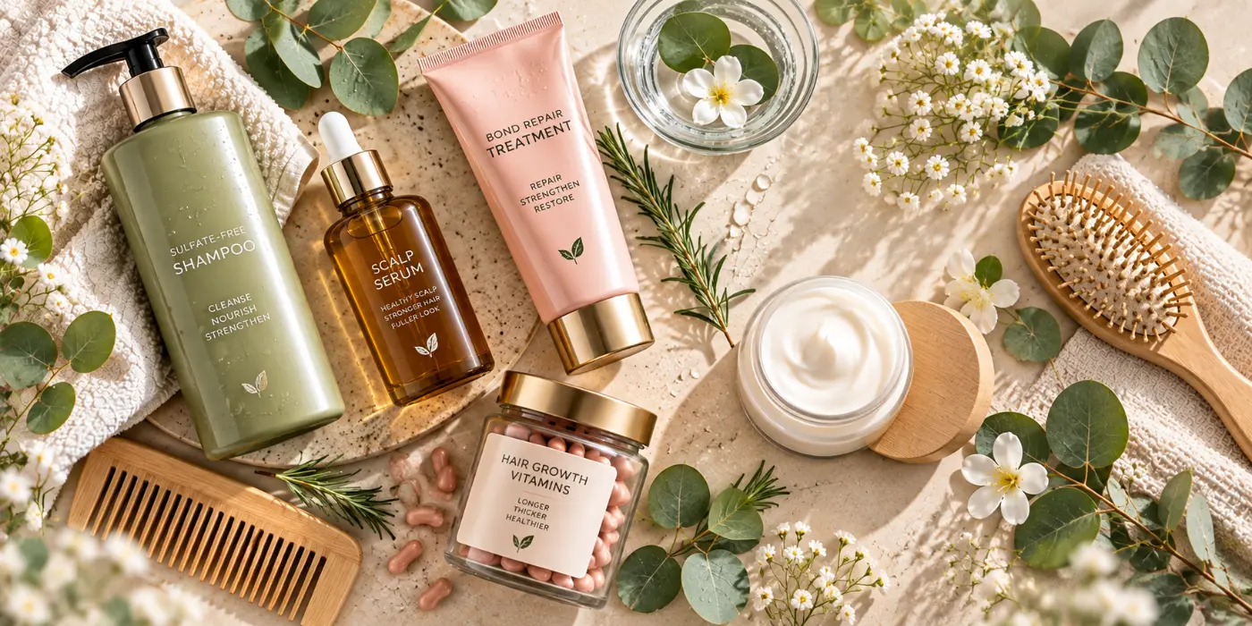 Best hair care products for 2026 arranged in a flat lay with shampoo, conditioner, hair oil, hair mask and a wooden brush among green eucalyptus leaves